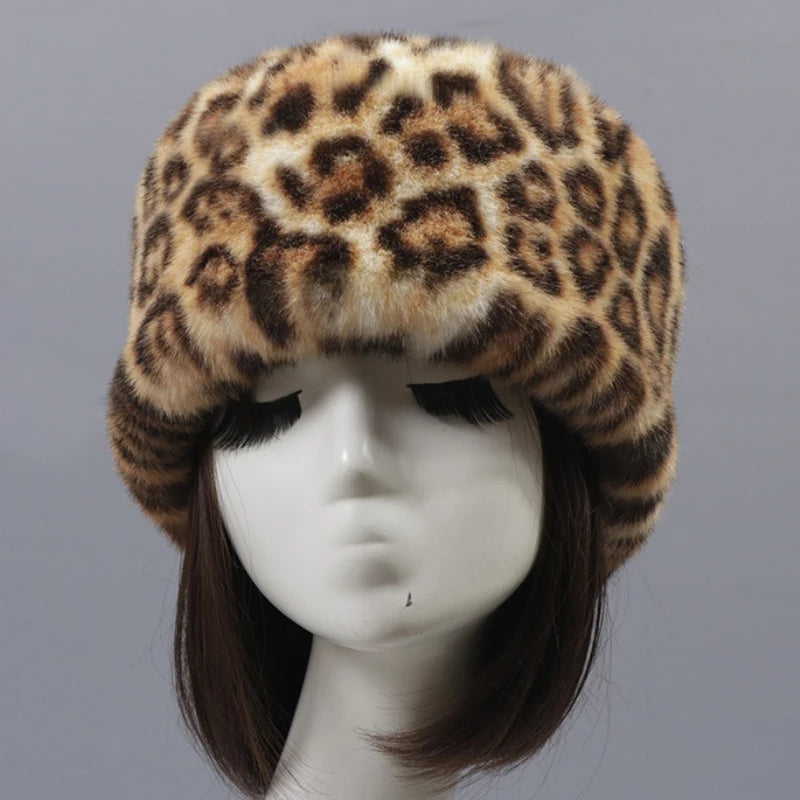 Luxury Siberian Style Leopard Women Girls Winter Warm Hat Faux Fur Hat Head Ears Cover Caps Ladies Thick  Beanies Female Bomber Hat Flat Top Russian Hat Female Ladies Luxury Fashion Clothing Products