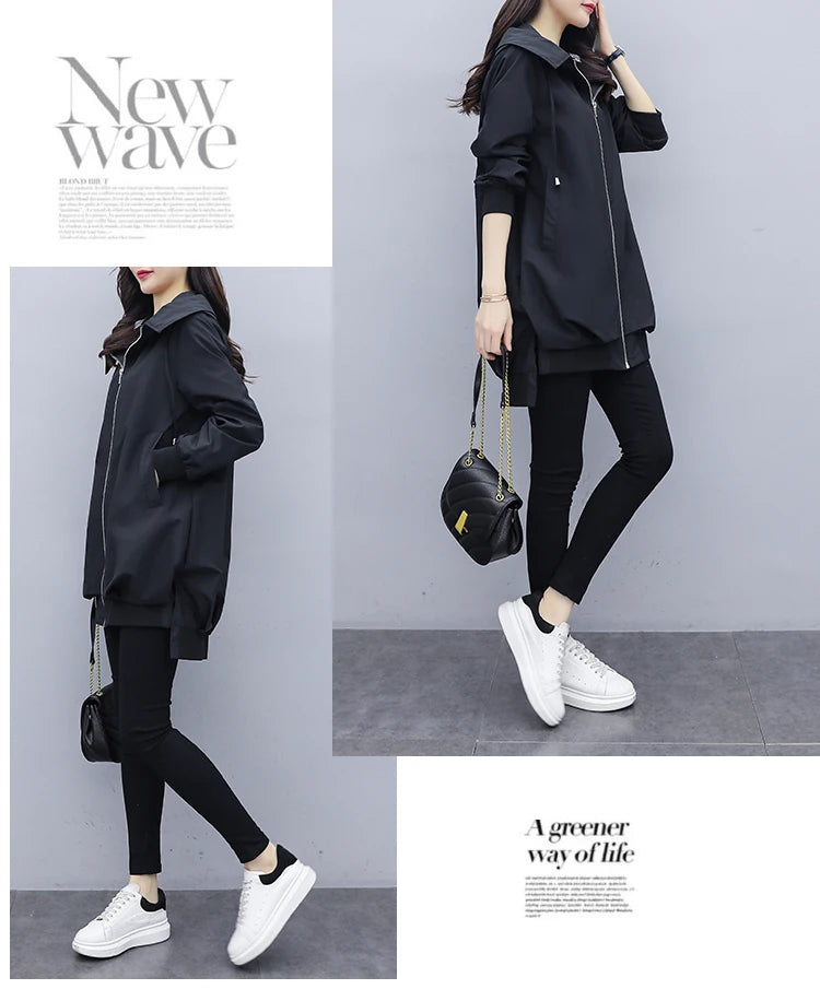 5 Colors S-3XL Women's Windbreaker Mid-Length Spring and Autumn New Korean  Version Casual Temperament Black Loose Hooded Fashion Coat Women Casual Clothing Supplies