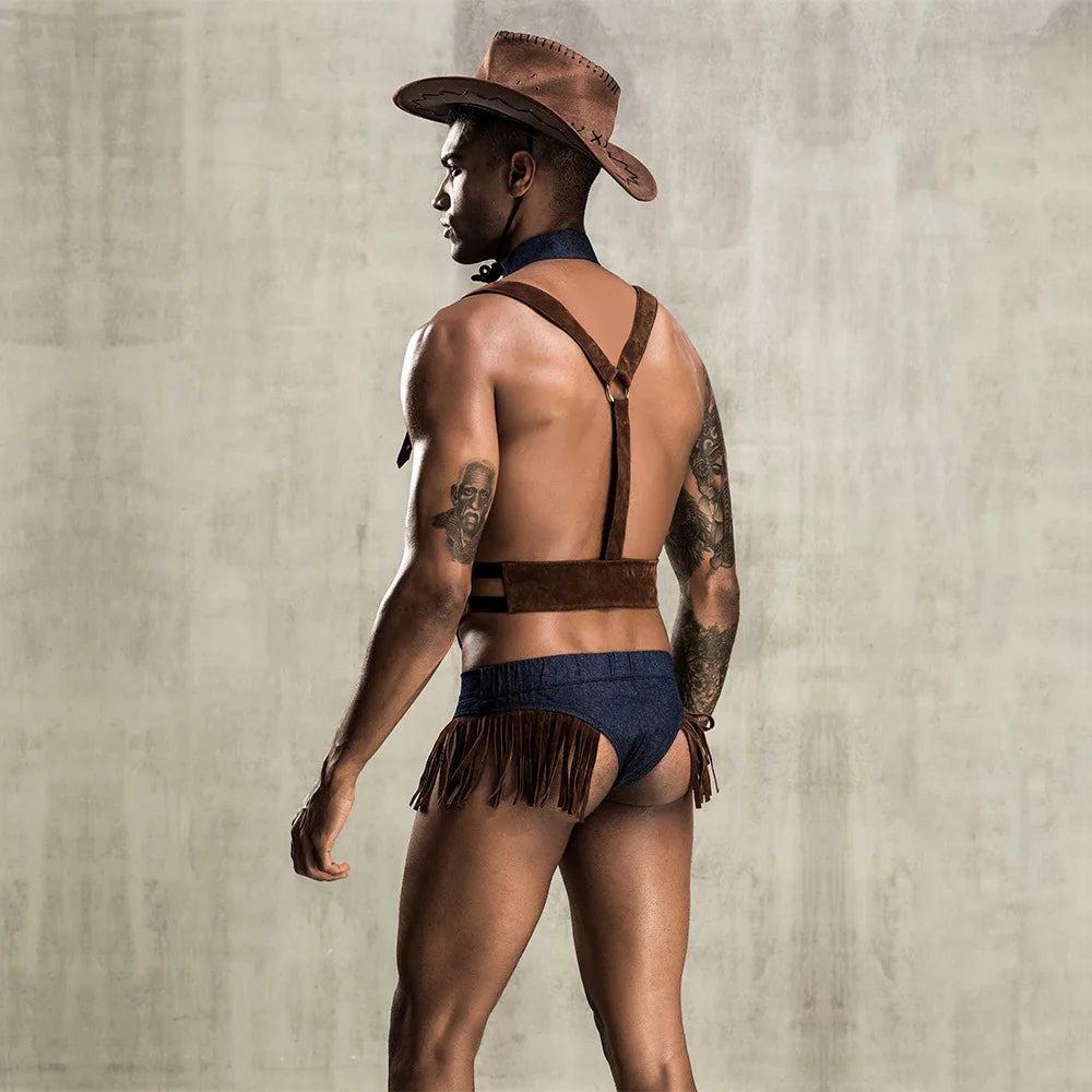 Gay 4Pieces Men Role Play Sexy Cowboy Uniform Set Cosplay Gay Bar Dance Costume Outfit