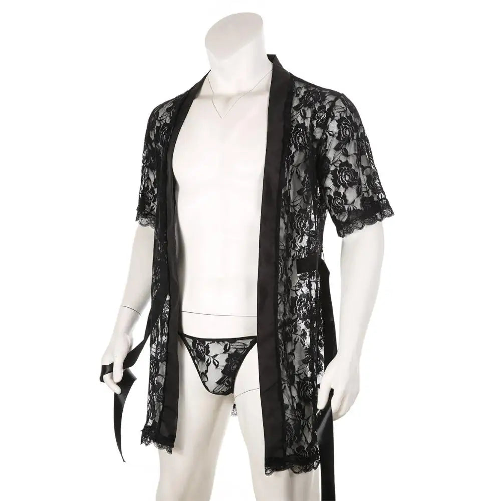 Gay Men Kimono Lace Bathrobe Nightwear Long Robe Sexy Sleepwear Nightgown Loose Bath Gown Erotic Costume with T-back