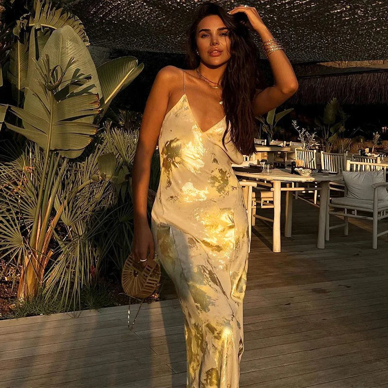 NEW Arrivals Elegant Gold Foil Fragmented Sexy Bodycon Maxi Dresses for Women Luxury Evening Party Gown Sexy Backless Stamped Dress Women's Sexy Apparel Supplies