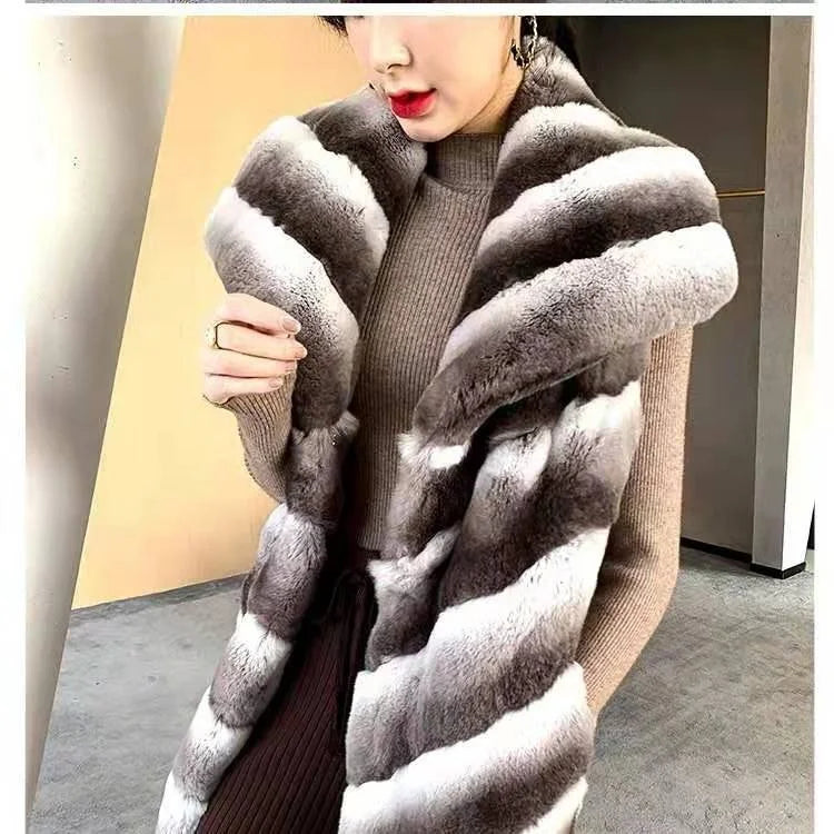 New Arrivals S-5XL Plus Size Women Natural Rex Rabbit Chinchilla Mink Fur Long Vest Winter Fur Coat Luxury Fashion Fur Waistcoat Overcoat Outerwear Ladies Luxury Apparel Supplies