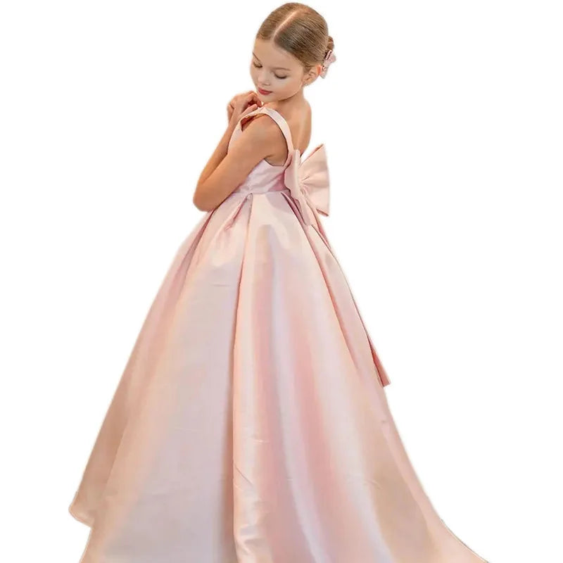 2/13 Years Old White/Pink Color Girls Bridesmaid  Satin Luxury Dress for Girls' Pageant, Wedding Evening Prom Party Birthdays Flower Girl Dress Princess Piano Performance Dress Formal Gowns