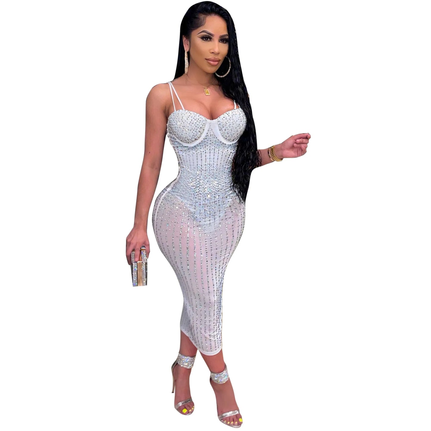 NEW Arrivals S-3XL UK Plus Size Chubby-Women's Sexy Spaghetti Strap Mesh Diamonds Dress, Sleeveless, See Through Rhinestone Dresses,  Evening Party Club Dress, Mid-Calf Ladies Luxury Fashion Apparel Supplies