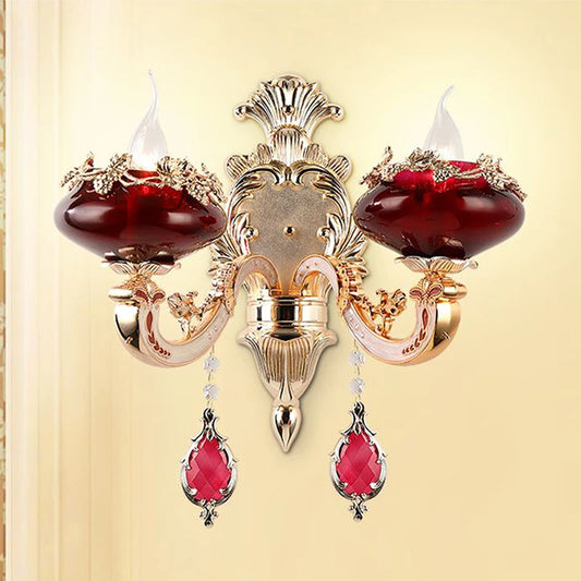 Villa Home Luxury European Red Crystal Wall Lamp Luxury Living Room Bedroom Bedside Lamp Background Wall Corridor Villa Hotel Lighting