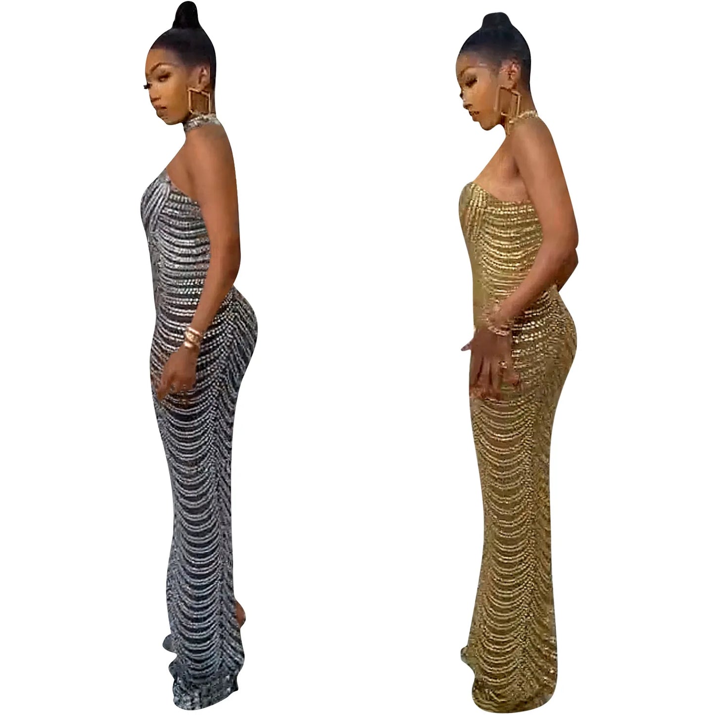Golden/Black Color Women's Floor-Length Night See Through Evening Luxury Dresses Hot Drill Diamond Beaded Sequin with Natural Waistline Wedding Guest Night Prom Business Dinner Ladies Formal Apparel Supplies