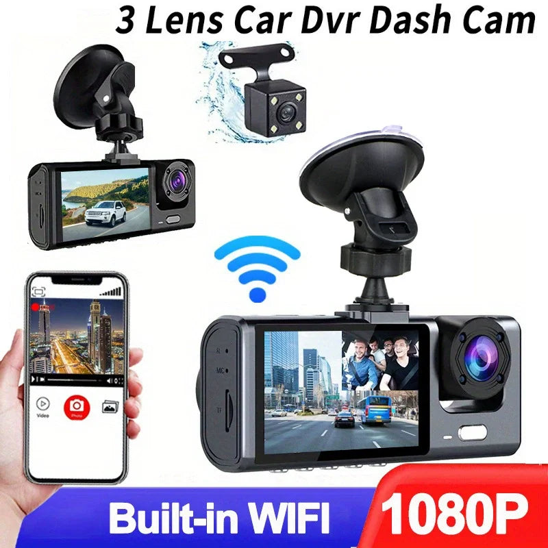 Wi-Fi Three Lens Car Dash Cam Full HD 1080P Night Vision Pedestrian Detector Video Recorder with Rear Camera Compatible DVR Car Camera Built Car Security Supplies