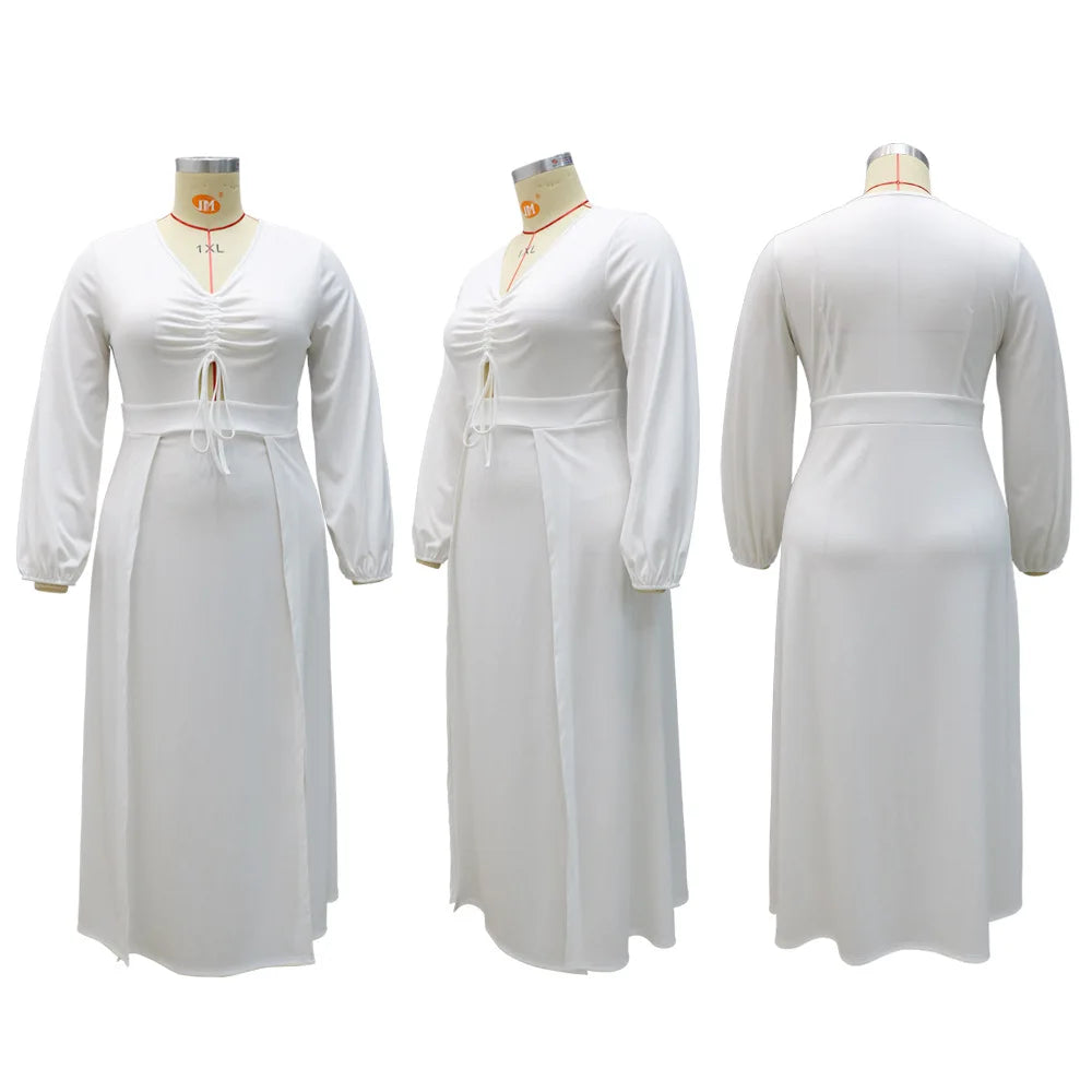 NEW Arrivals XL-5XL Plus Size Elegant Women Lace-Up V-neck Long Sleeve Sexy Plus Size Dresses 5xl Solid Color Split Fork Summer Clothes