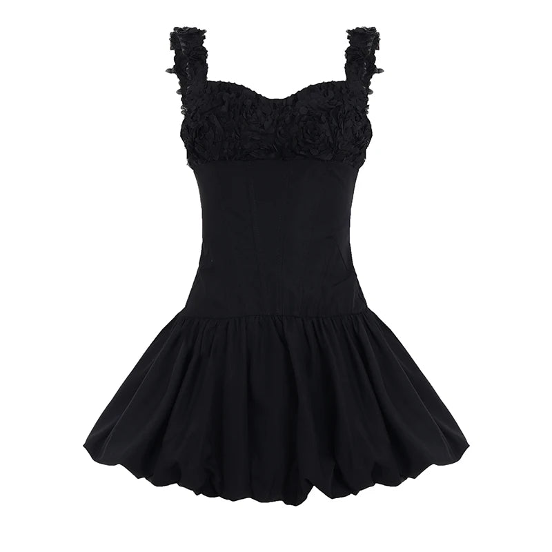 Women's 3D Rose Applique  Fishbone Corset Sexy Mini Dress, Lace Up Back Ruffle Strap A-line Bubble Skirt Evening  Party Night Clubwear & Dating Mini Dress Women Clothing Supplies