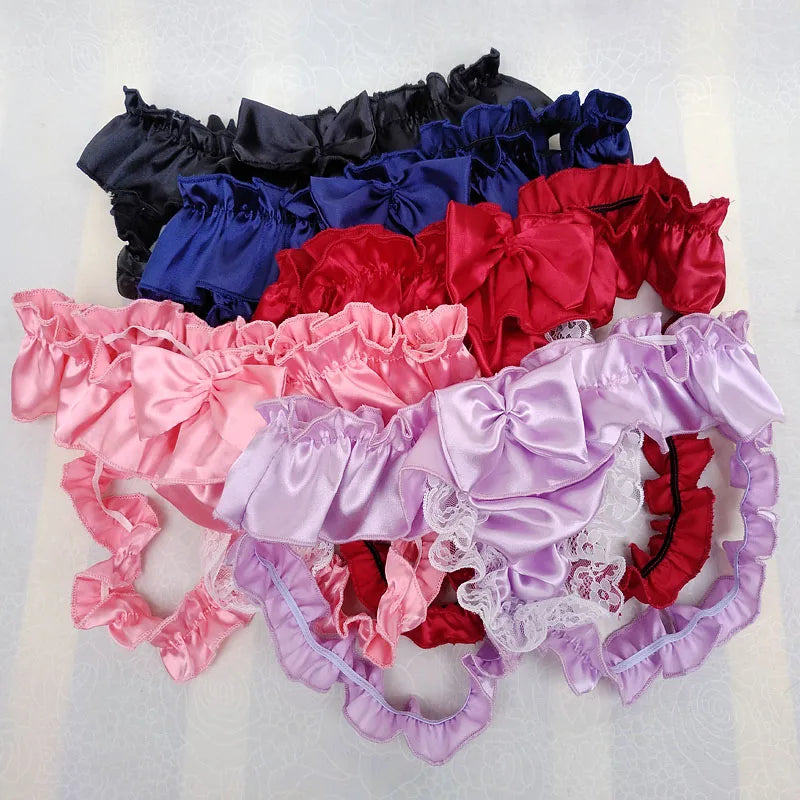 Lace Mens Jockstraps Lingerie Night Gay Male Panties Open Butt Wetlook Sexy Bowknot Sissy Satin Crotchless Underwear For Man