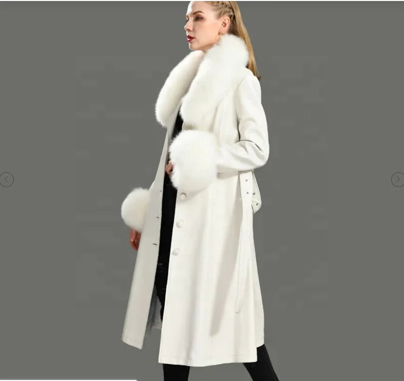 4 Colors S-4XL Plus Size Long Fur Trimmed Leather Trench Coat Women Zipper Women Fur Coat With Fur Collar Cuff Leather Autumn and Winter Outerwear Coat Women Winter Apparel Supplies