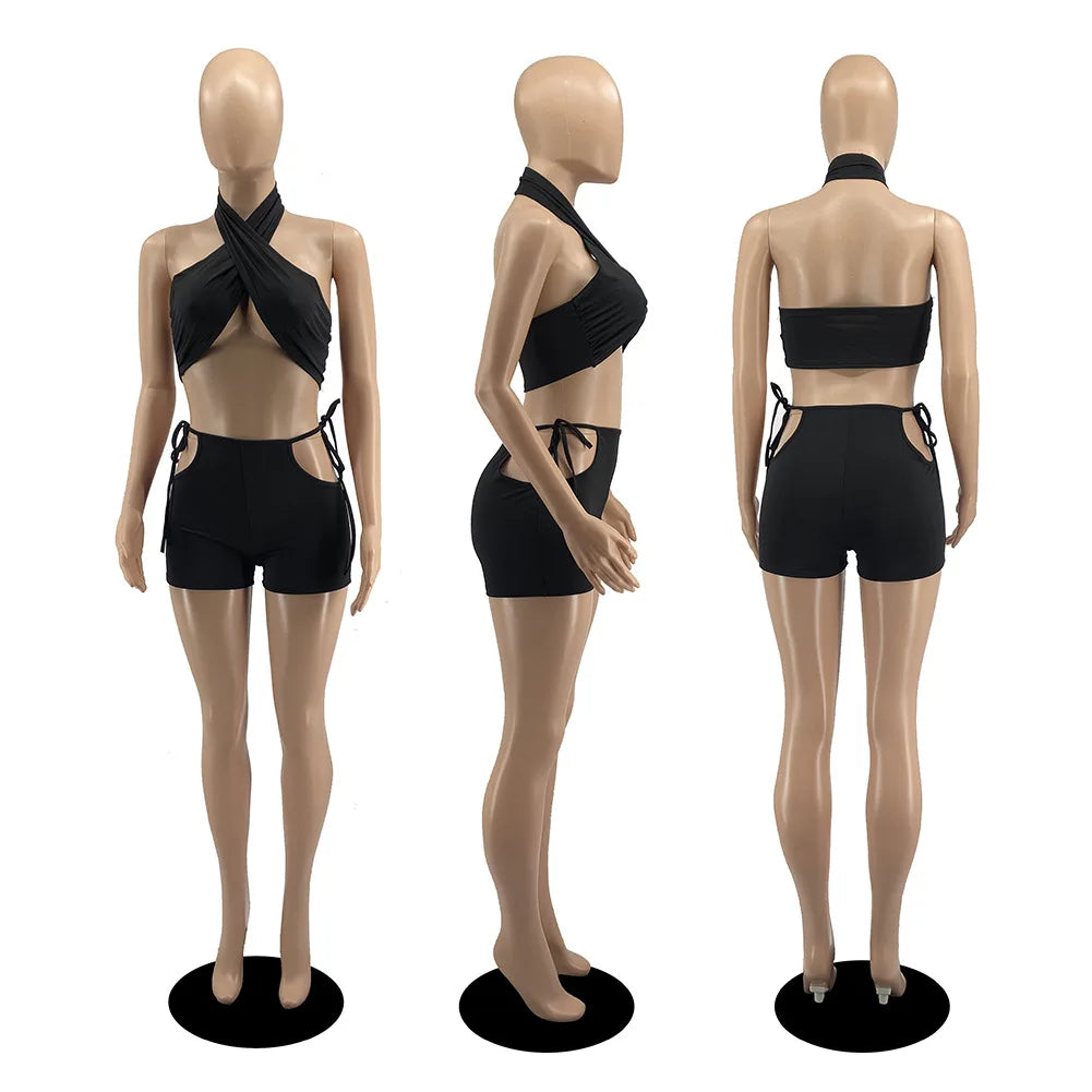 NEW Arrivals 2PCS Set 9 Colors Women Sexy Ruched Bandage Criss Cross Solid Hot Women Spring Summer Backless Evening Beach Party Night Club Crop Top and Shorts Matching Set