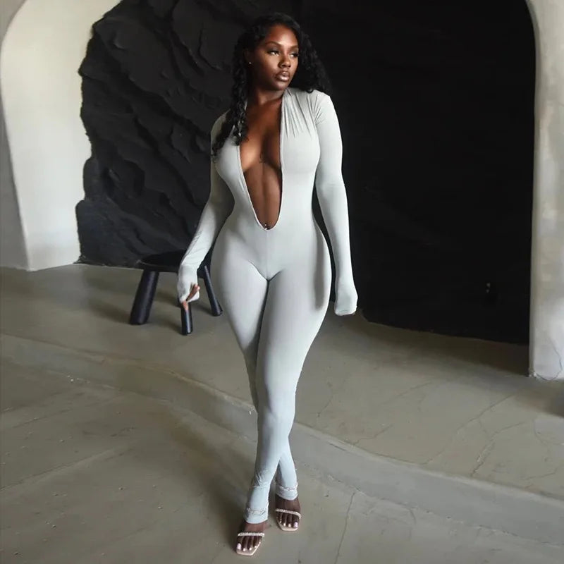 New Spring/Fall Sexy Solid Color Stretch Backless Deep V-Neck Slim Long Sleeve One Pieces Jumpsuit Bodysuit Evening Party Night Clubwear Sexy Jumpsuit Women Sexy Apparel Accessories Clothing Supplies