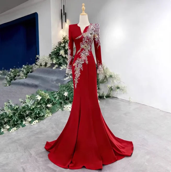Mother of Bride Hot Selling Red/Purple Color V-Neck Long Sleeves Luxury Dress Beaded Lace Applique Mermaid Evening Party Gown with Sweep Train Ladies Formal Apparel Clothing Supplies