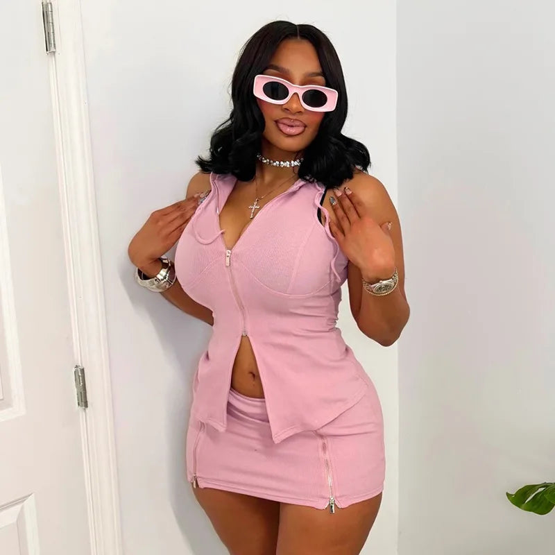 NEW Arrivals 2 PCS Set White/Black/Pink Color Sexy Hot Women's Spring Autumn Summer Hooded Top Sleeveless Zip-Front Slit Splicing Maxi Top with Skirt Suit Streetwear Night Clubwear Evening Party Suit