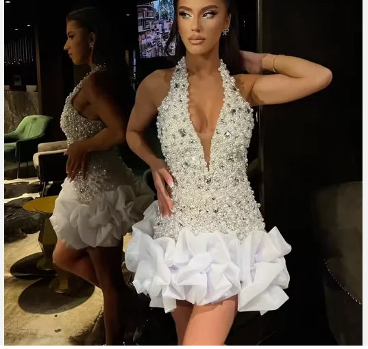 Black/White Color New Fashion White Halter Neck Rhinestone Pearl Beaded Wedding Guest Birthday Party Evening Dresses Women Banquet Dress Ladies Luxury Clothing Supplies