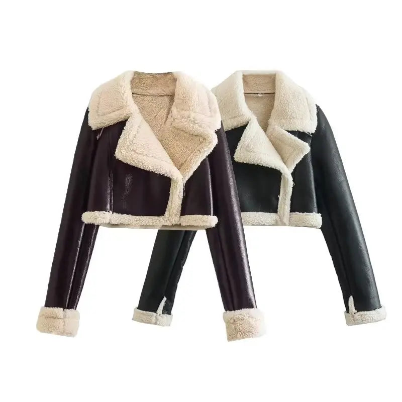 Women's New Fashion Faux Fur One Thickened Deep Warm Brown Double Sided Short PU Leather Jacket Short Coat Girls Autumn Winter Clothing Supplies