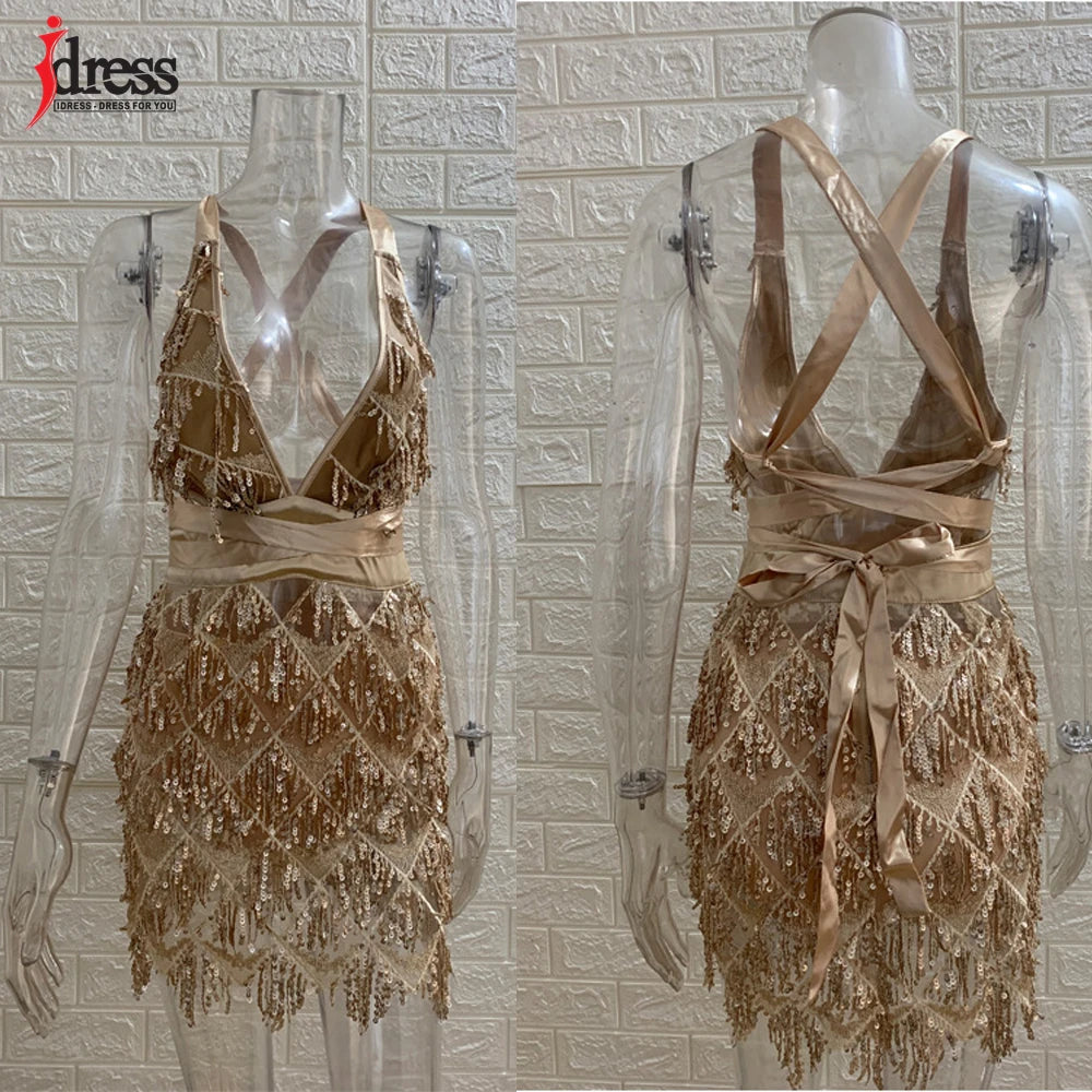 Just Arrived 5 Colors S-XL Tassel Sequin Dress Sexy Women V Neck Backless Evening Party Dress Night Clubwear Prom Latin Dancing Clothes Sequin Fringe Outfit