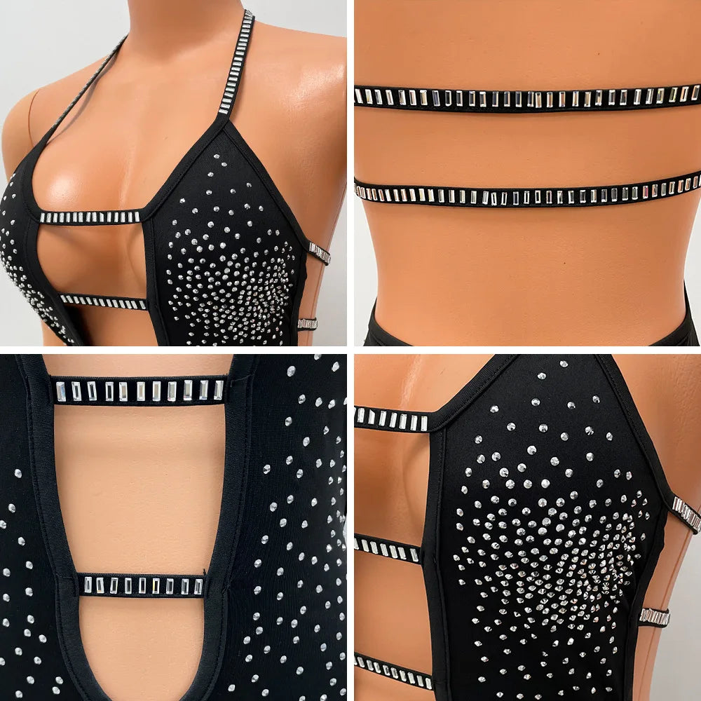 Sexy Hot S-2XL Women's Black Glitter Sleeveless Halter Sides Cut Out Backless Sheath Mini Dress Evening Party Night Clubwear Sexy Mini Dresses