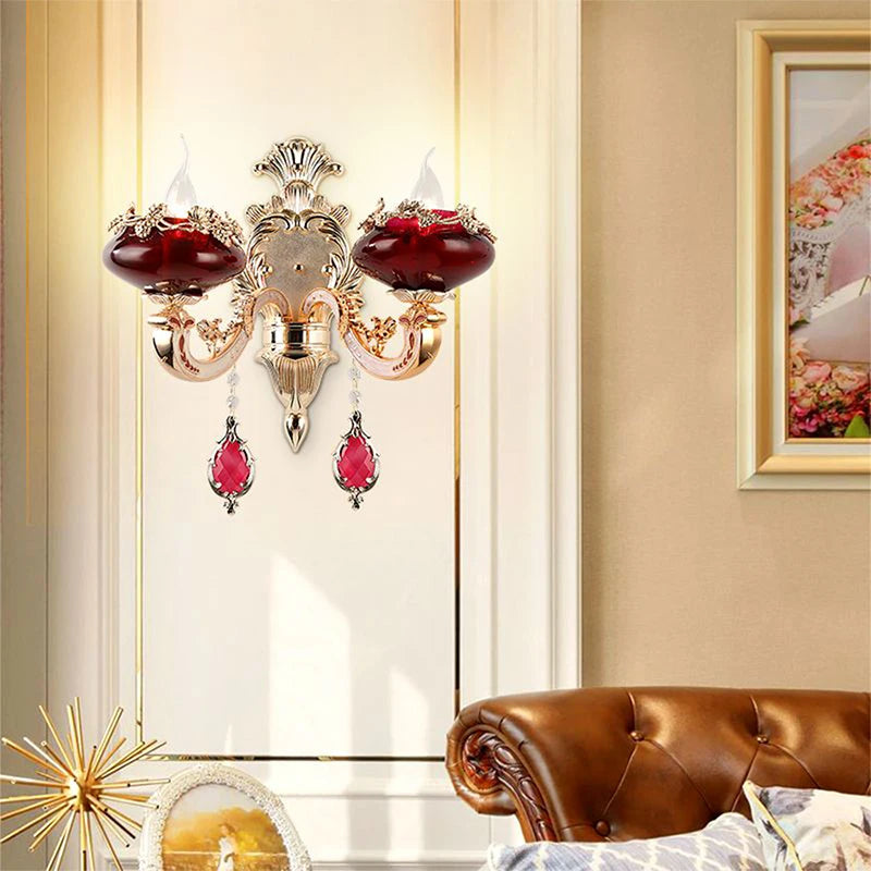 Villa Home Luxury European Red Crystal Wall Lamp Luxury Living Room Bedroom Bedside Lamp Background Wall Corridor Villa Hotel Lighting
