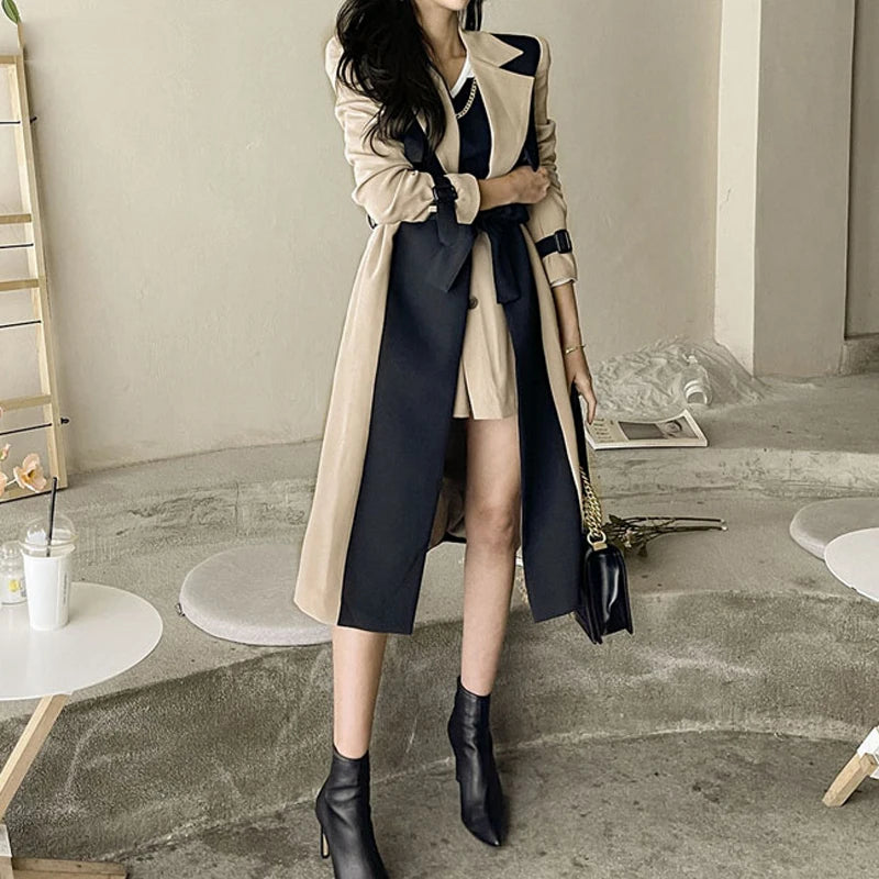 Elegant Notched Collar Lady Patchwork Windbreaker Full Sleeve Buttons Belted Women Long Trench Coats Winter 2W1922