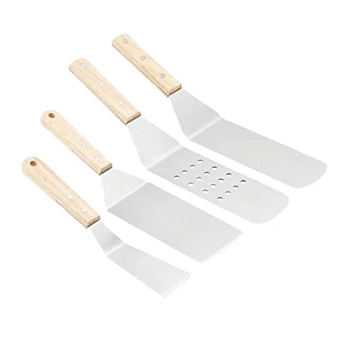 4 PCS Set 304 Stainless Steel Top Quality Courtyard Barbeque Camping Grill Spatula Wood Handle Kitchen Frying Teppanyaki Cooking Spatula, Steak and Barbecue Tools Set