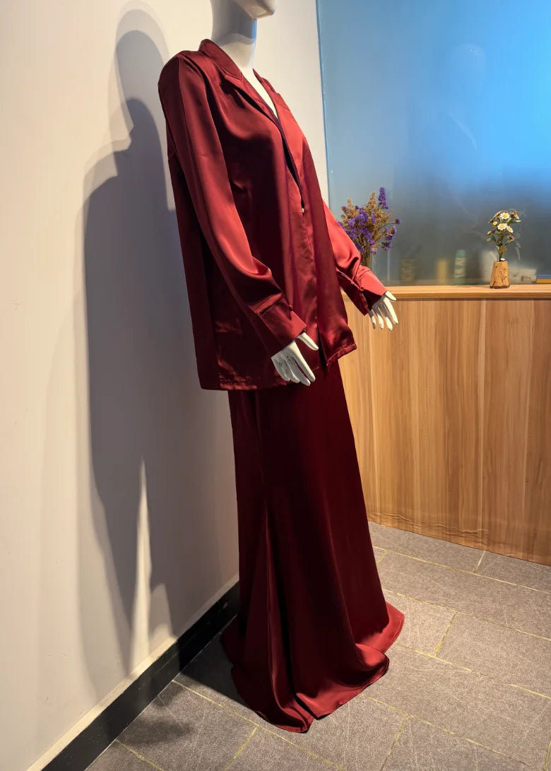 5 Colors XS-3XL Plus Size Islamic Middle East Women's Luxury Satin Dress Suit  Loose High Waist Modest Abaya Set Ankle Length Long Sleeve Elegant Fishtail Wedding Guest Birthday Evening Party Maxi Gowns Muslim Women's Clothin