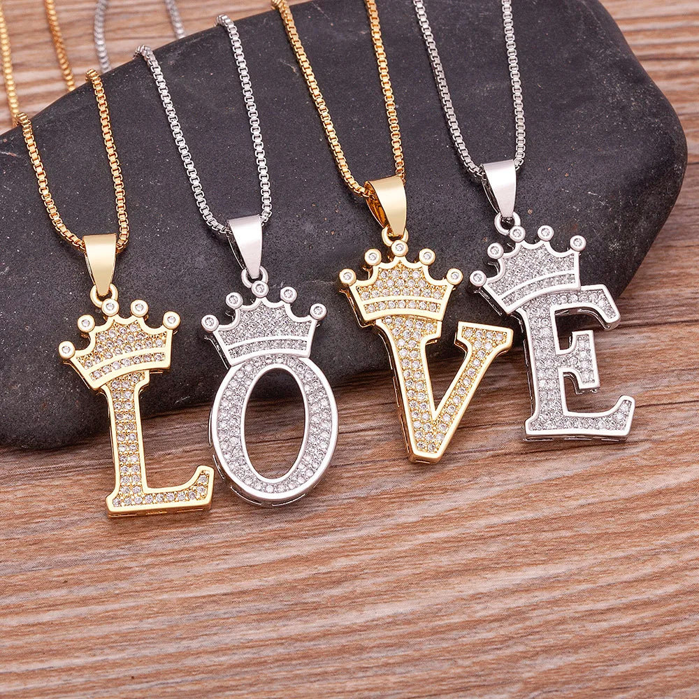 Hot Sale A-Z Letters Crown Pendant Initial Alphabet Necklace For Women Men Accessories Name Jewelry  Party Birthday Gifts