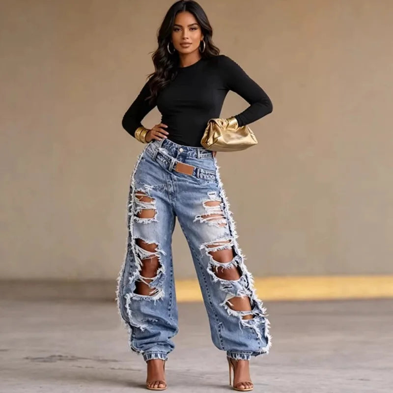 NEW Arrivals S-3XL Deconstructed Destroyed Ripped Cotton Denim Baggy Jeans Women Streetwear Y2K Slimming Elastic Cuff Jogger Trousers Women Casual Clothing Supplies