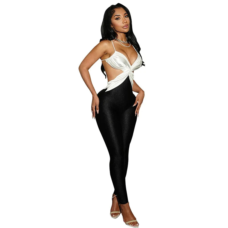 NEW Arrivals Black Color European American Cross-Border Women's Hot Sexy Spring Summer Criss-Cross Neck Full Length Tight-Fitting Jumpsuit Evening Party Night Clubwear Bodysuit Women Sexy Apparel Supplies