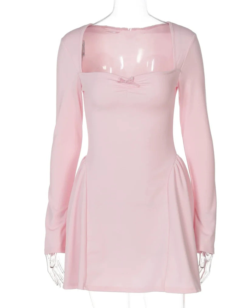 New Fashion 8 Colors Autumn Spring  Sexy Elegant Long Sleeves Evening Party Night Clubwear  Ruched Women Clothes Solid Mini Dresses