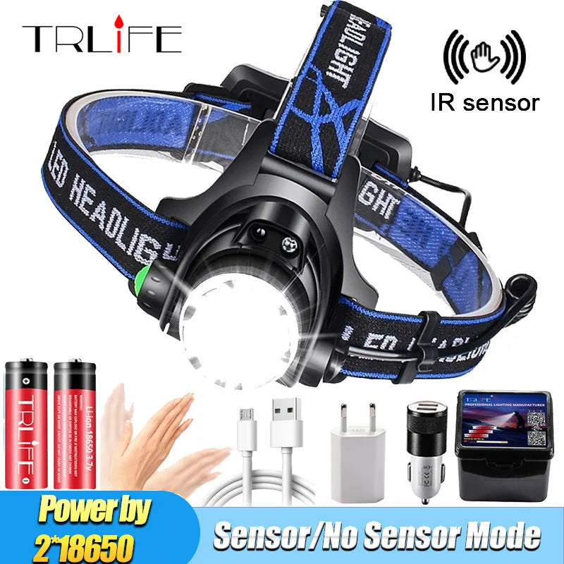 NEW Arrivals Motion Sensor Super 15000LM LED Headlamp T6/L2/V6 Zoomable Head lamp Flashlight Torch Headlight Lantern With LED Bulbs Lithium ION Battery Outdoor Camping Fishing Night Hiking Cycling