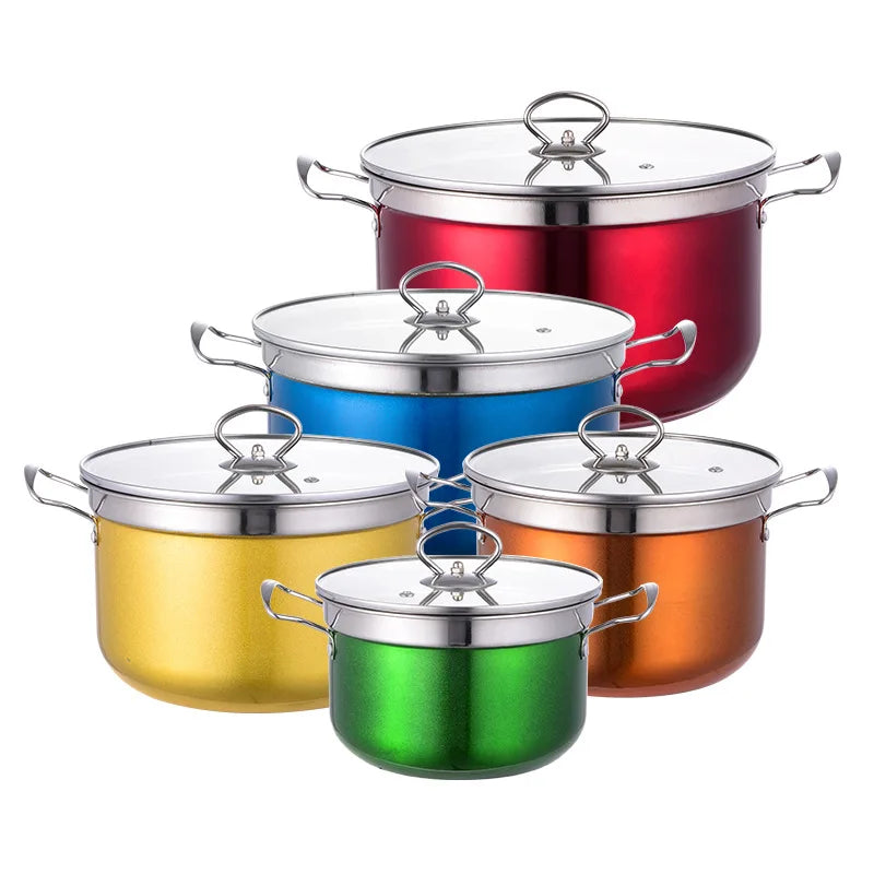 10 PCS Set Silvery/Colored Gift Set Stainless Steel Home Hotels Restaurants Kitchen Cookware Casserole Pot with Handle and Transparent Glass Lid Outdoor Camping Cooking Tools Cookware Supplies