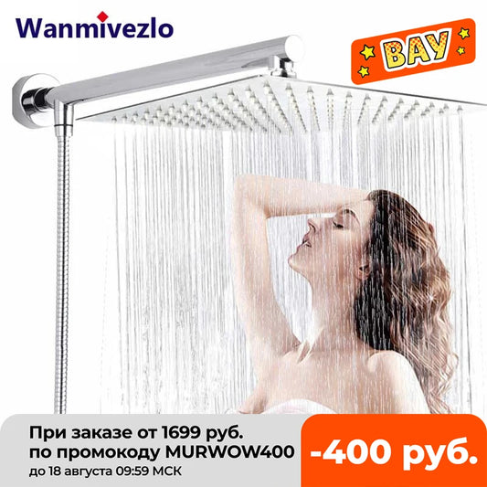 Bright Chrome 8" Ultrathin Shower Head Brass 15" Shower Arm 59" Stainless Steel Hose Wall Mounted Rainfall Square Shower head
