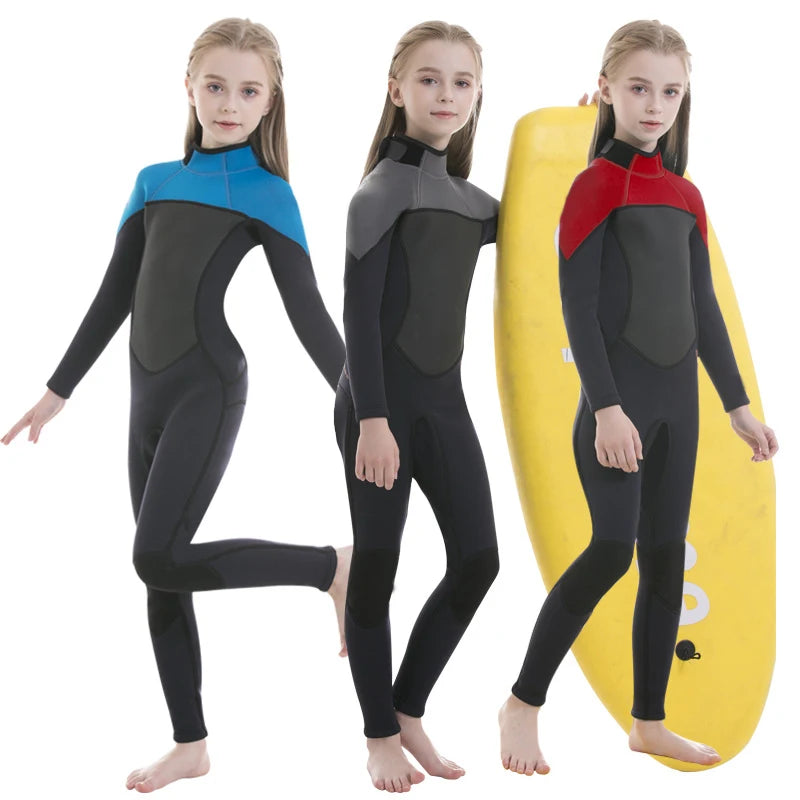Neoprene Wetsuit 2.5MM Children Unisex One Piece Girls and Boys Surfing Diving Scuba Snorkeling Training Swimsuit Waterproof Warm Long Sleeve Sunscreen Children Water Sports Apparel Clothing Supplies