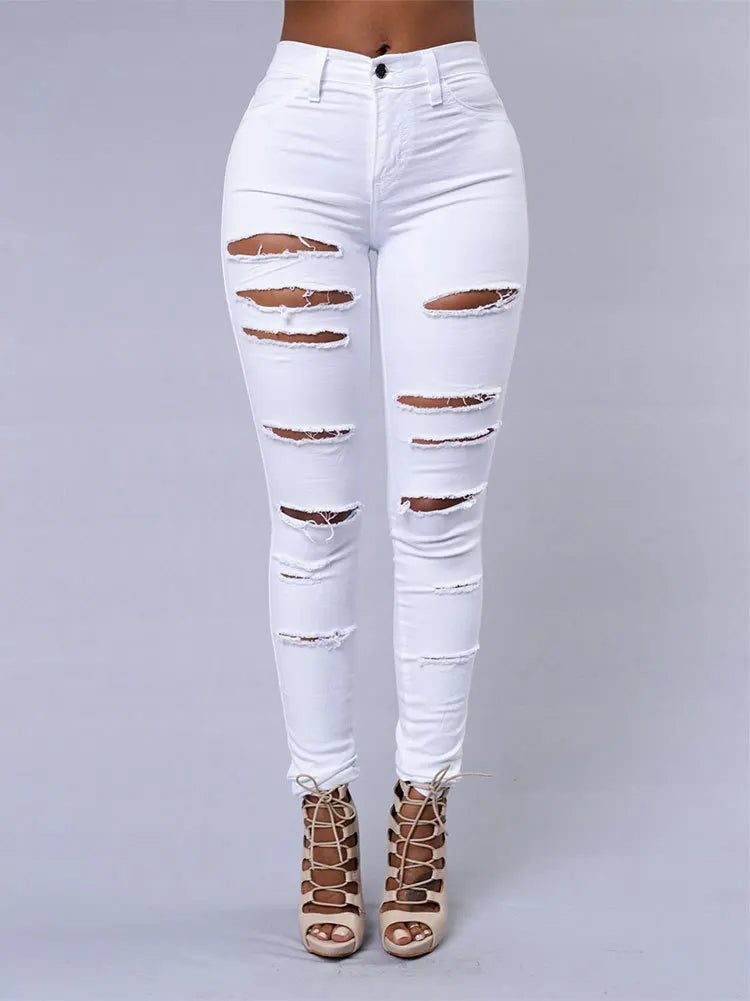Hot Sale S-2XL Plus Size Black and White Color Ripped jeans for Women Sexy Skinny Denim Jeans Fashion Streetwear Casual Pencil Pants Girls  Spring and Summer Clothing