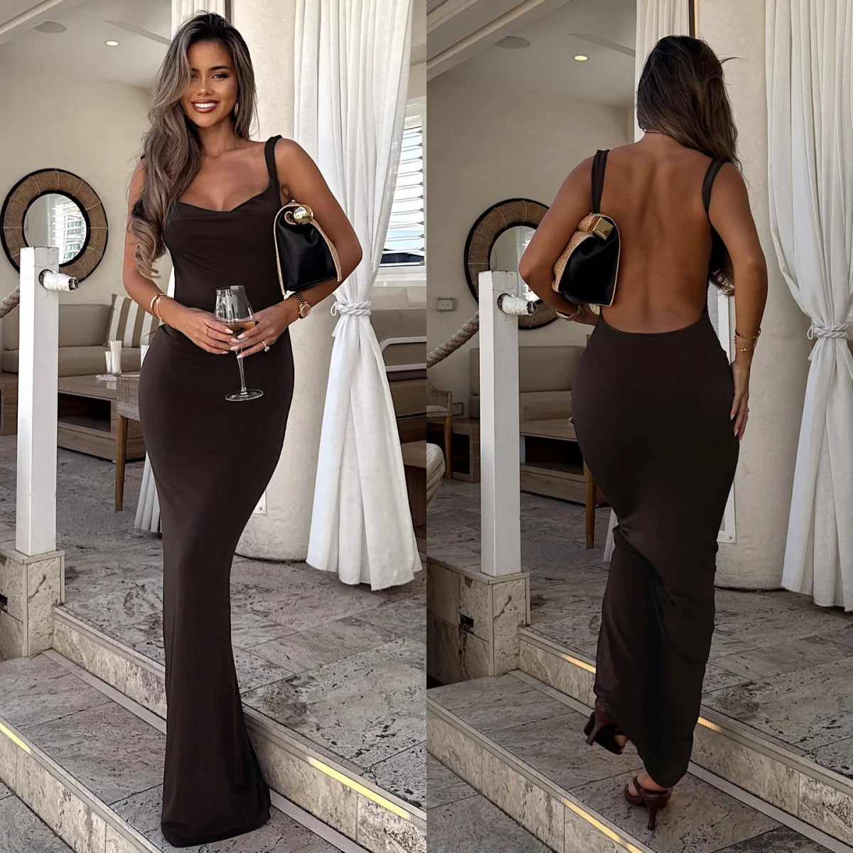 NEW Women's Sexy Draped Neck Square Neck Sleeveless Backless Slim Fishtail Dress Sexy Elegant Vacation Evening Beach Party Simple Solid Color Floor-Length Night Clubwear Maxi Dress