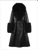 4 Colors S-4XL Plus Size Long Fur Trimmed Leather Trench Coat Women Zipper Women Fur Coat With Fur Collar Cuff Leather Autumn and Winter Outerwear Coat Women Winter Apparel Supplies