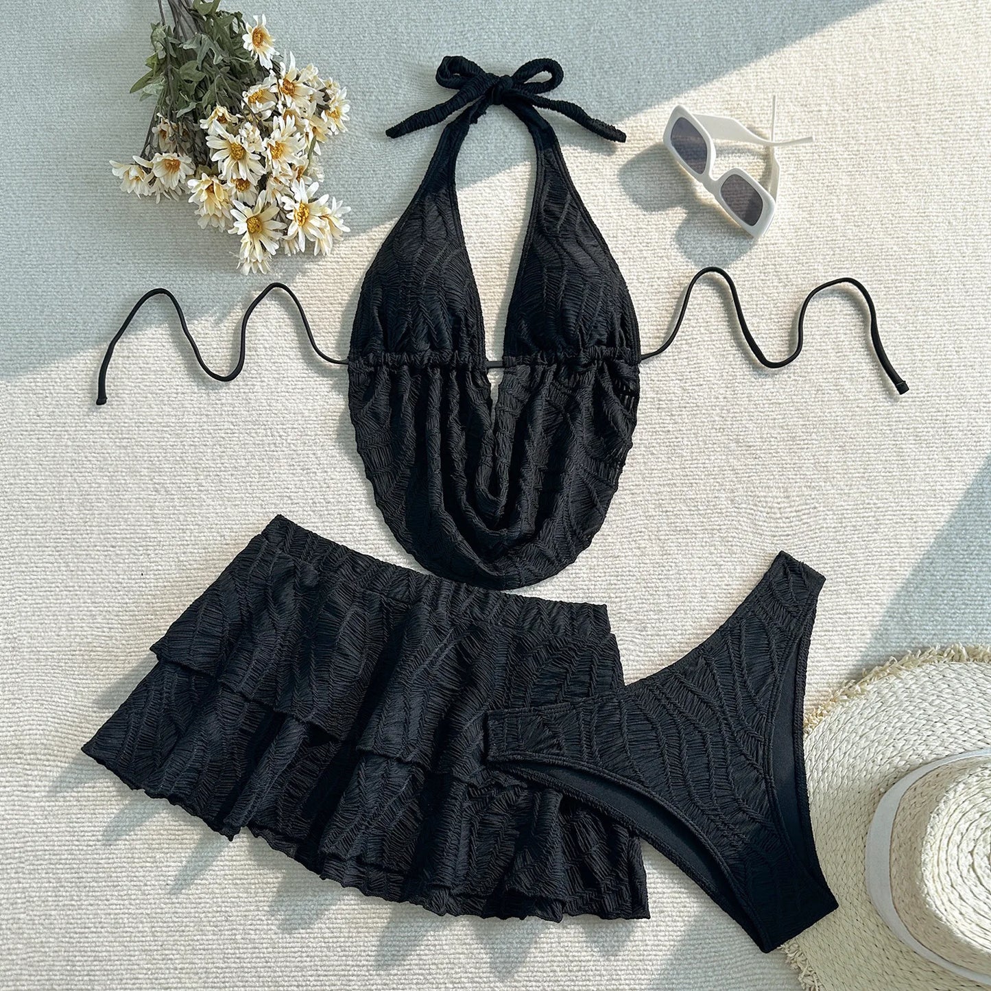 NEW Arrivals 3 PCS Set 5 Colors V-NECK Knitted Women Sexy Swimwear Shirt Top Brazilian Bikini and Skirt Set Beach Cover Ups Sexy Swimsuit Beachwear Ladies Summer Bathing Apparel Supplies