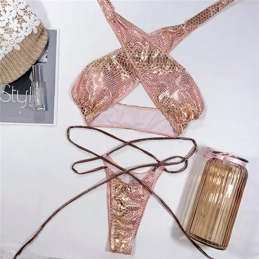 Women Fax Leather Gold Bikini Set Sequined Padded Bra Crease Bandeau Swimsuit Glitter Beach Swimwear Sliver Halter Bathing Suit