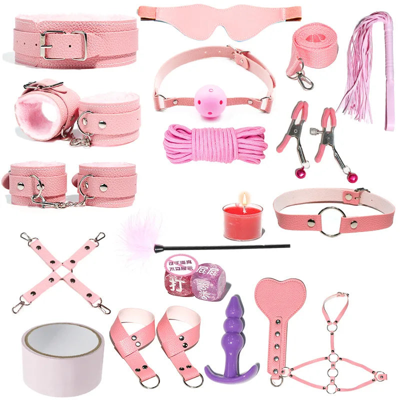 18 PCS Set 4 Colors BDSM  Fetish Sex Party Binding Handcuffs Leather Whip Anal Plug Adult Couples Intercourse Sex Toys Sex Play Tools Set