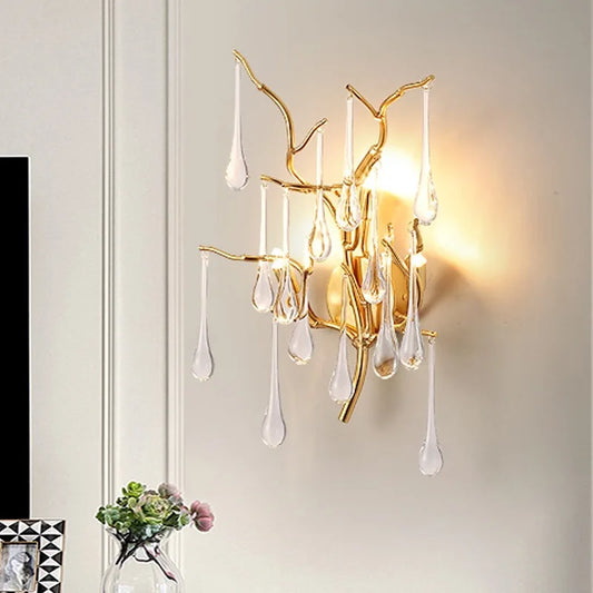 Home Villa Luxury Aluminum Branches K9 Crystal Wall Lamp Bedroom Bedside Living Wall Fitting Home Room Water Droplet Decor Bracket Light