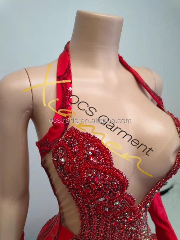 Boutique Gala HOT SALE 15 Colors High Quality Sexy See Through Shiny Sequined Women Evening Prom Dresses Elegant Halter V Neck Sexy Transparent Red Mermaid Ball Gown With Gloves Red Carpet Opera Concerts Celebrities Ladies Lu