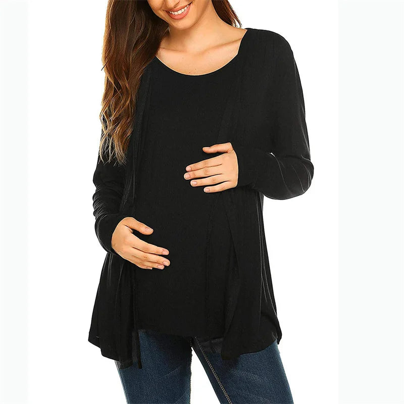 S-2XL Black/Red Solid Color Women's New Long-Sleeved Nursing Top O-Neck Fashion Casual Maternity Breastfeeding Tops Blouses Female Pregnancy Clothing Supplies