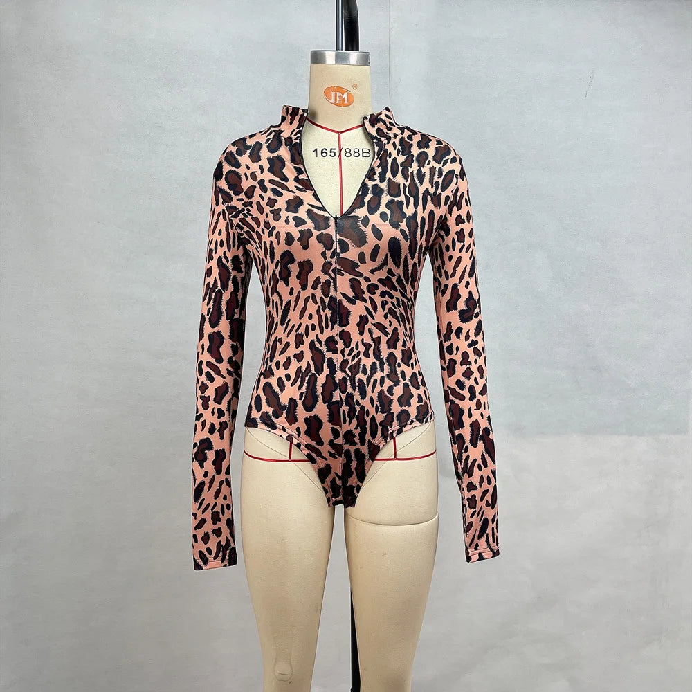 NEW Arrivals Women's Sexy Clothing Autumn Spring Stand Collar Long Sleeve Waist-Tight Leopard Jumpsuit Women's Sports Fitness Casual Women's Top Casual Streetwear Clothing Accessories