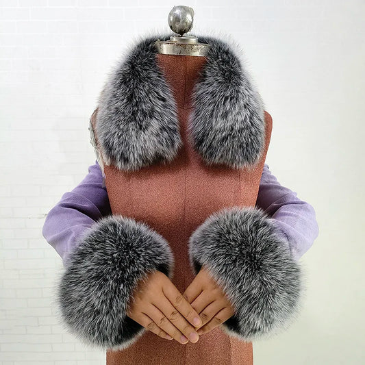 NEW Arrivals Real Silver Red Fox Fur Collar Cuff Set 18 Colors for Women Winter Breathable Outdoor Use Short Length 60cm Warm Natural Fox Scarf Shawl Evening Party Prom Wedding Guest Ladies Luxury Apparel Accessories.