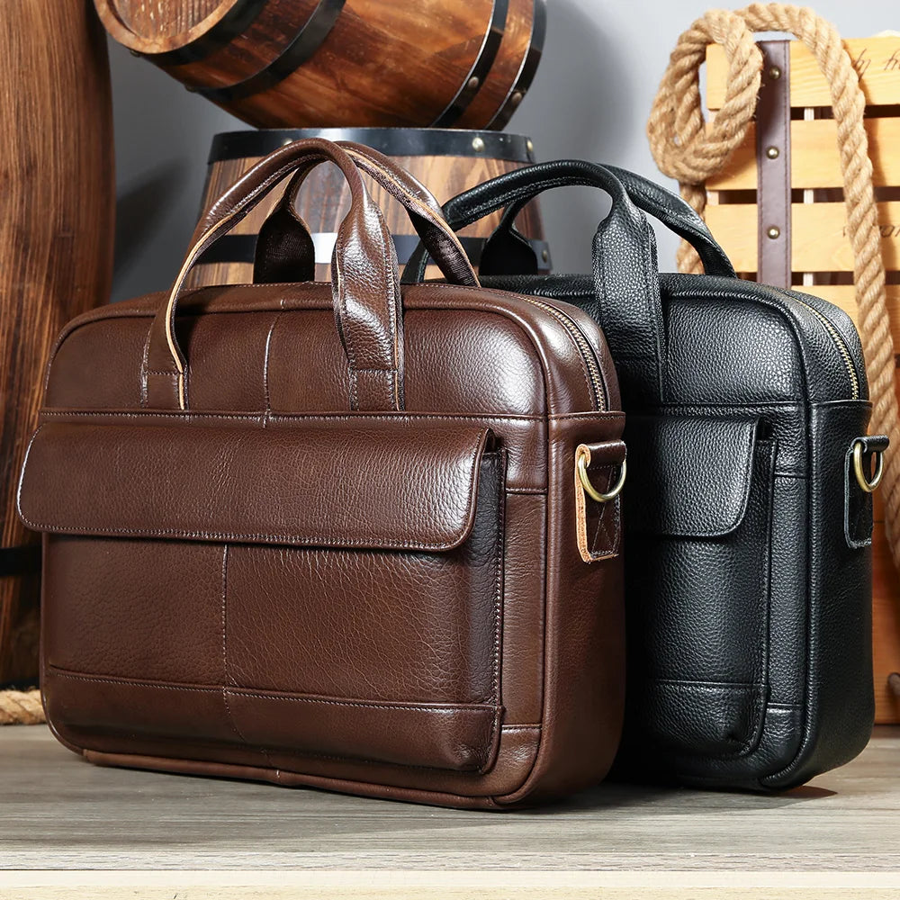 Real Leather Top Quality Vintage Waterproof Genuine Leather Business Office Briefcase Men's 14 Inch Laptop Messenger Bag