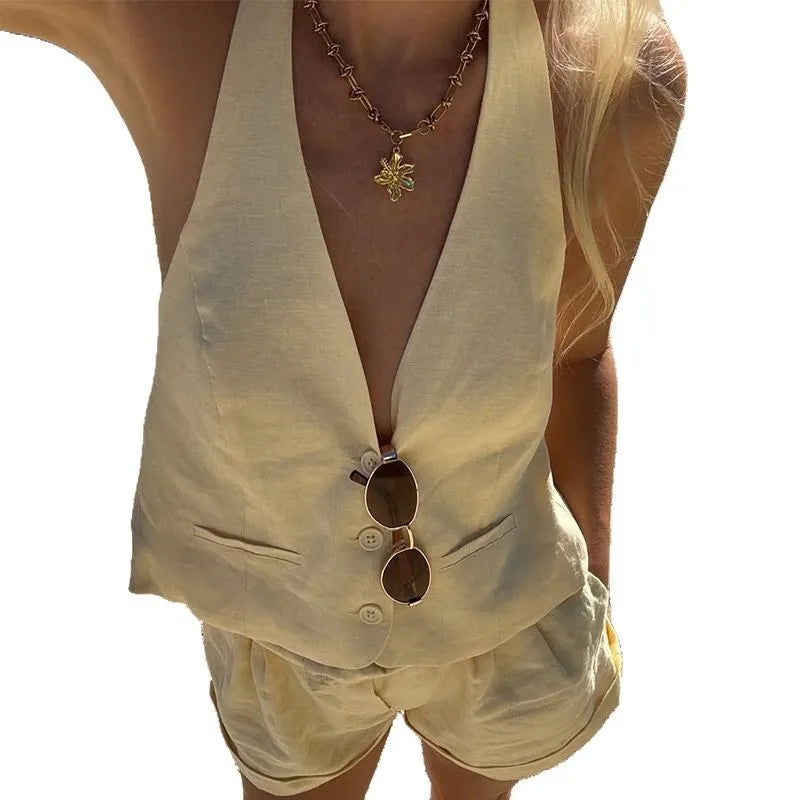 2 PCS Set Boutique Sales Women's Summer New Fashionable Temperament V-Neck Sleeveless Vest Casual Shorts Women's Set Outfit Streetwear Beach Party Suit