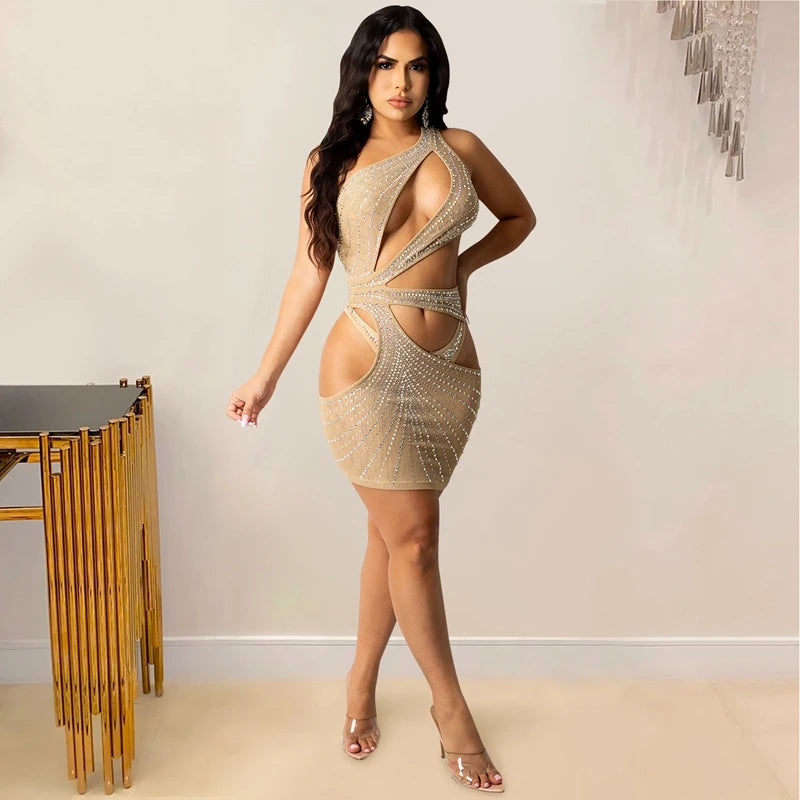 NEW Arrivals Khaki/Red/Orange S-2XL Asian Size Rhinestones Cut Out One Shoulder Bodycon Dress Women Summer Mini Sexy Sparkly Mesh Birthday Evening Beach Party Night Clubwear Dress