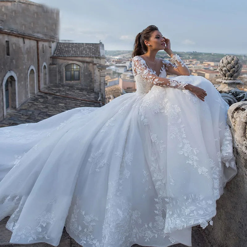 Plus Size V-Neck Luxury Long Sleeves Wedding Dress Customized Dress Wedding Beaded Lace Fabric White Bridal Gowns Modest Long Sweep Train  Wedding Dress